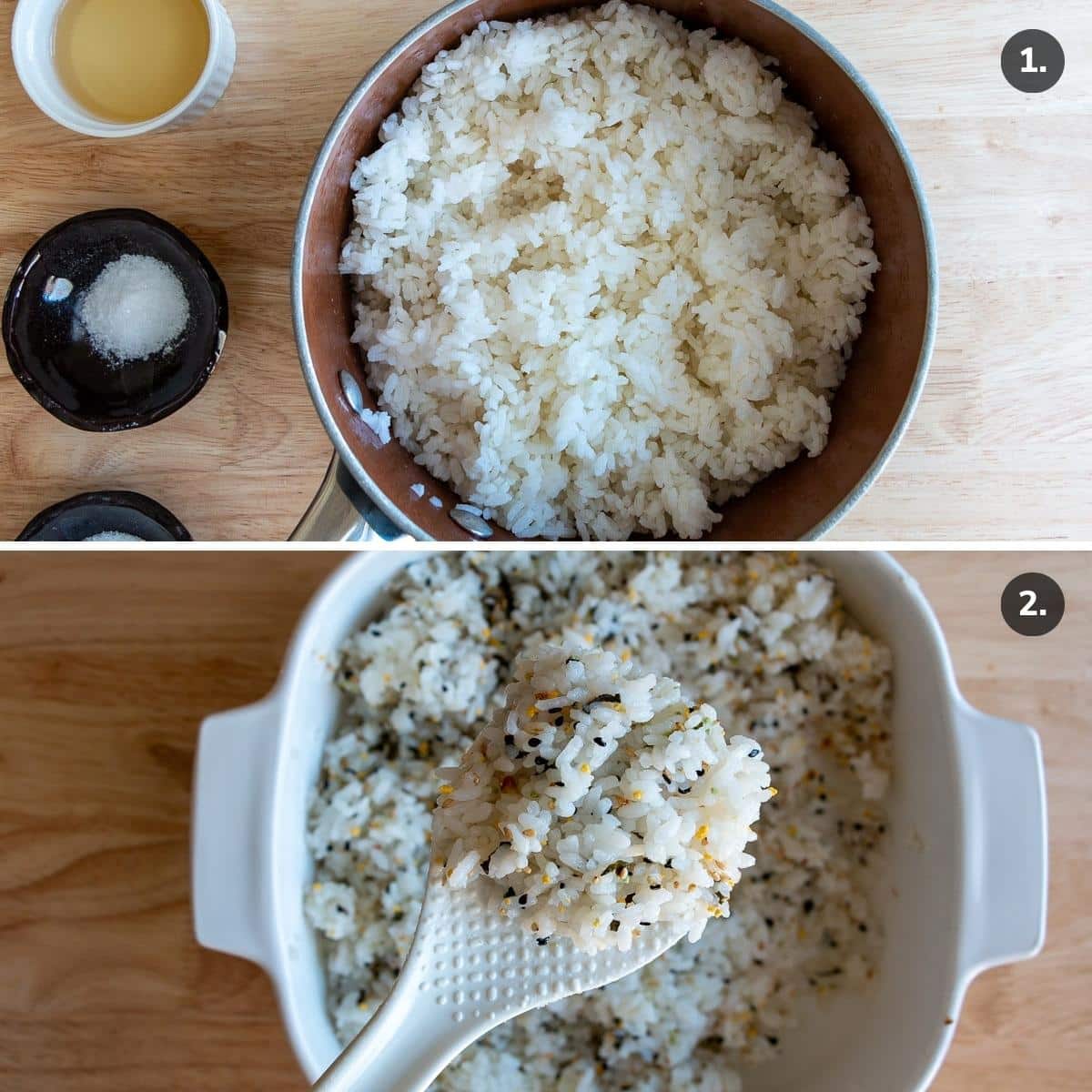 Cooking sushi rice and adding seasoning and furikake. 