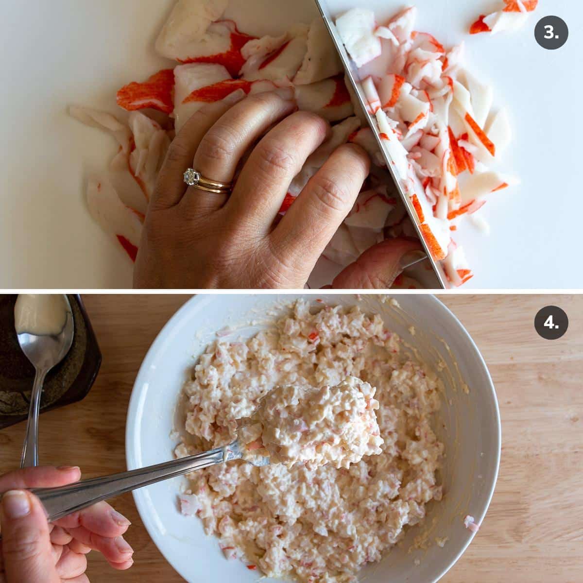 Chopping imitation crab meat and adding cream cheese and mayo.