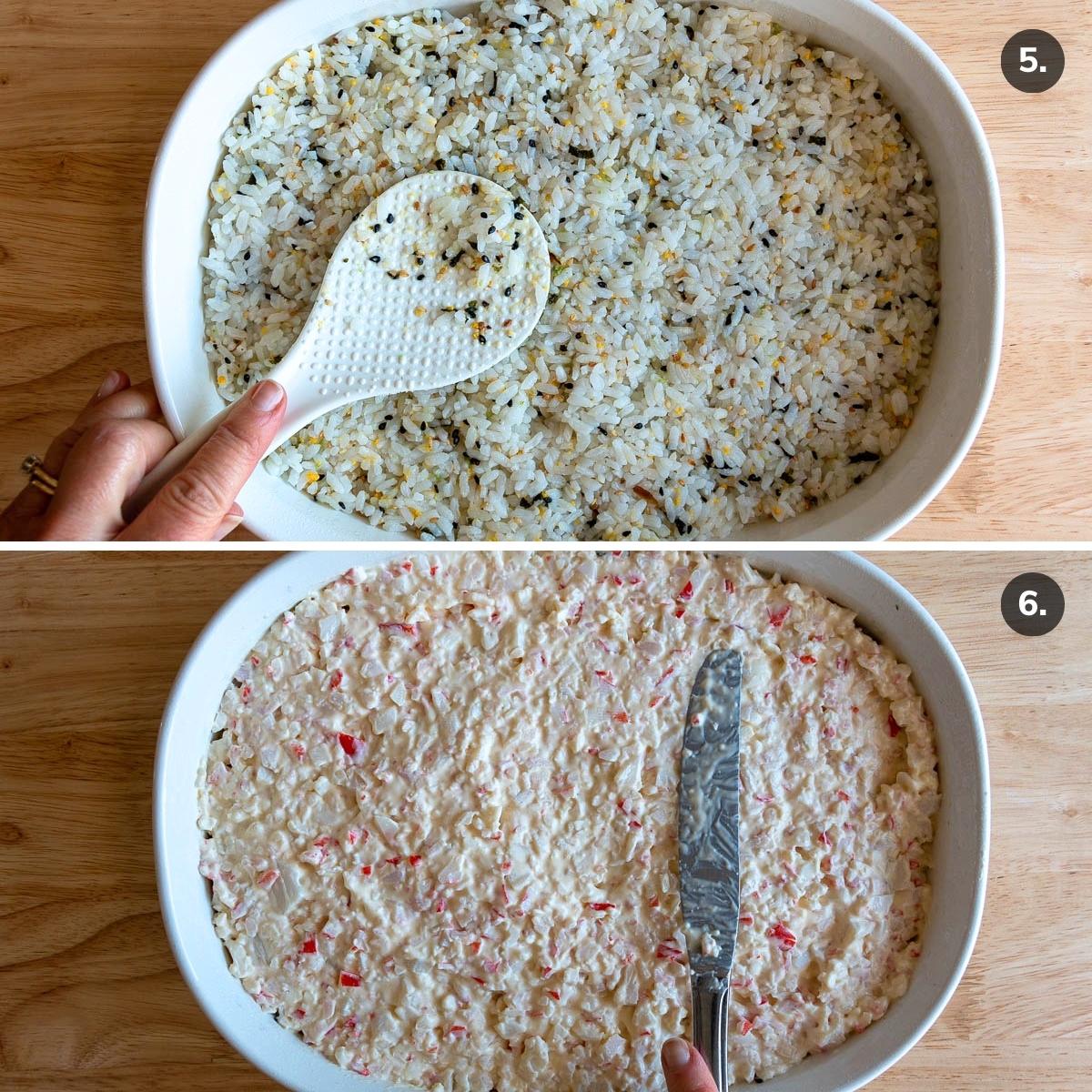 Adding seasoned sushi rice to baking pan and creamy crab mixture on top. 