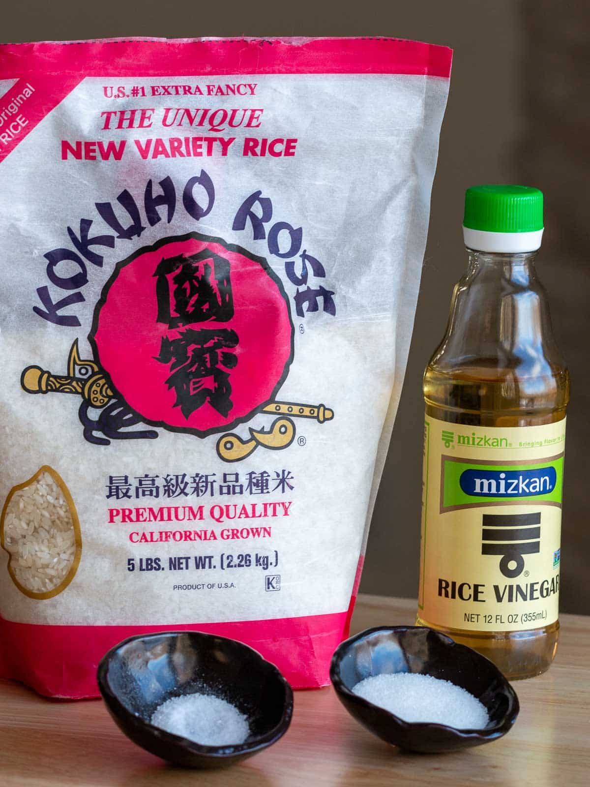 Kokuho Rose sushi rice, rice wine vinegar, sugar and salt to make seasoned sushi rice.