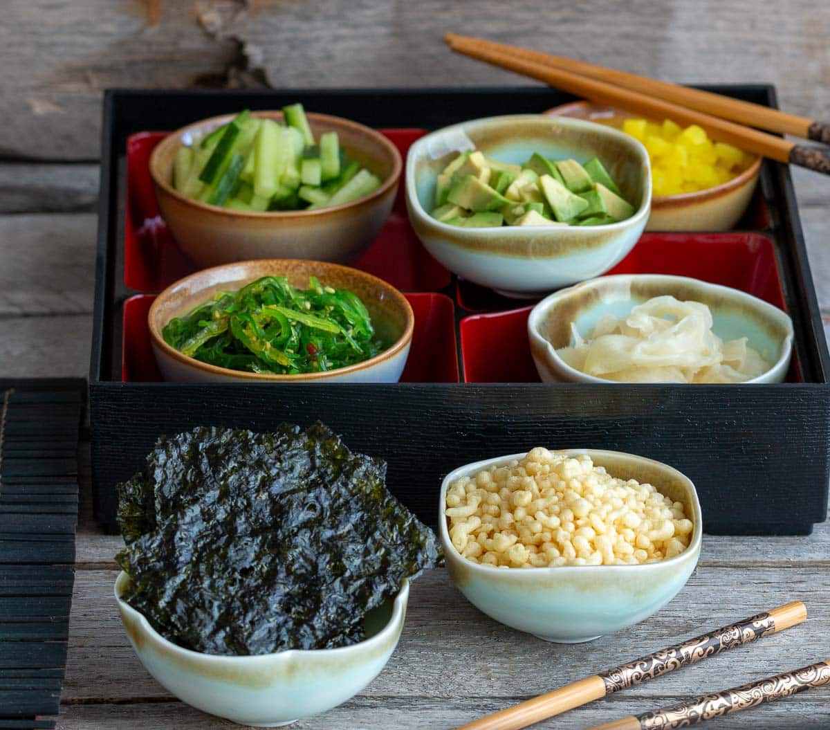 Fun toppings for sushi bake like Japanese pickles, avocado, cucumbers and more.