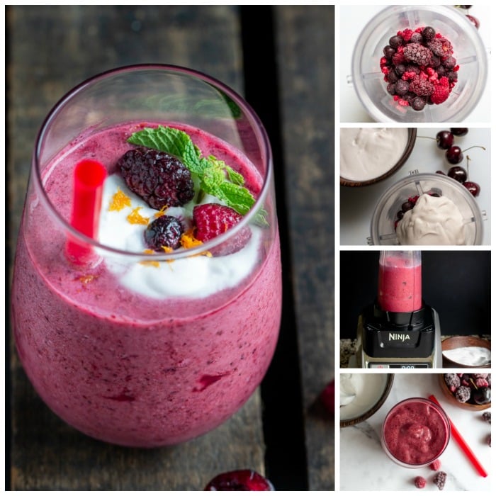Step by Step Photos. 1)Berries in food processor. 2) coconut cream in food processor 3) smoothie blending in food processor 4) blended smoothie