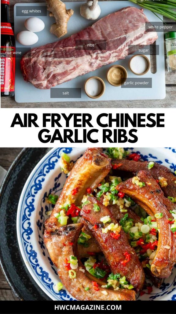 Rib ingredients on top and air fried golen brown ribs ready to serve on bottom.