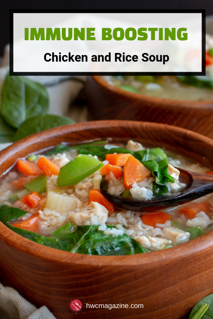 Immune Boosting Chicken and Rice Soup is a warm and therapeutic cozy cold and flu fighting bowl of deliciousness. #homeremedy #coldandflu #soup #wellness #chicken #TCM #easyrecipe #glutenfree / https://www.hwcmagazine.com