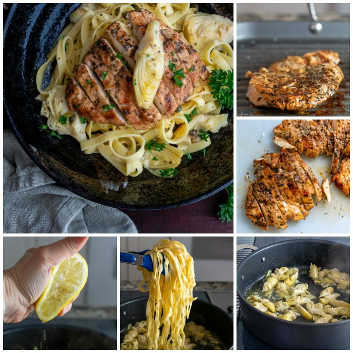 collage of six photos showing step by step process. 1) grilling chicken 2) slice chicken 3) Artichoke sauce 4) boiled fettuccine 5) squeeze of fresh lemon 6) completed Lemon Artichoke Chicken Pasta dish