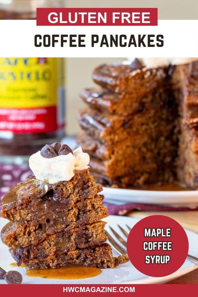 A wedge of pancakes sliced from a huge stack, topped with coconut whipped topping and chocolate chips.