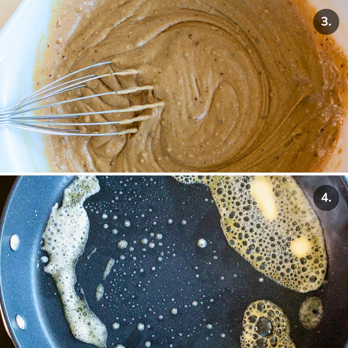 Whisking the pancake batter and add plant based butter into a pan. 