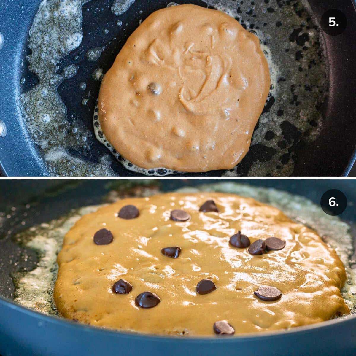 Coffee pancake batter poured into the pan and dark chocolate dairy free chips sprinkled on top.