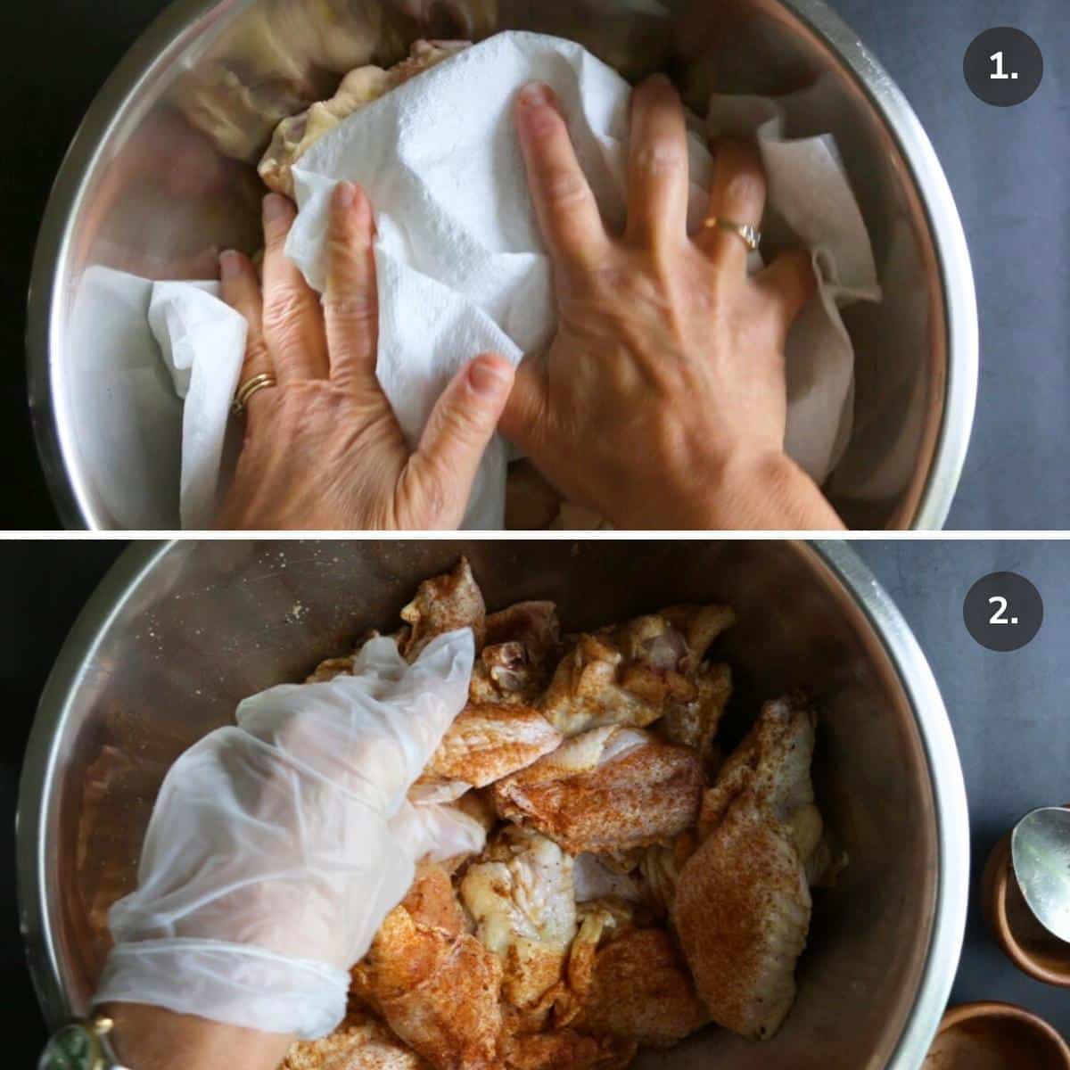 Drying the chicken wings well and massaging in the seasonings. 