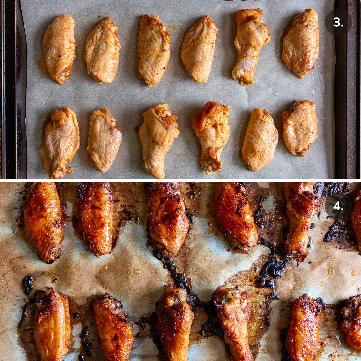 Sheet pan prepped and ready to go with chicken before and after baking. 