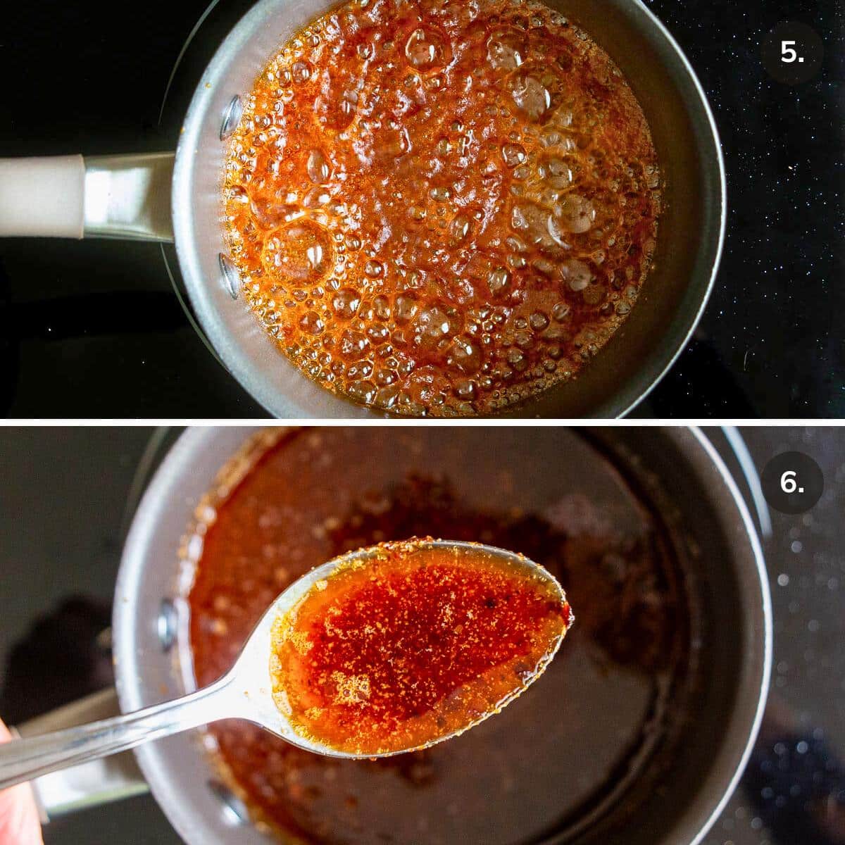 Preparing the hot honey sauce for wings in a small saucepan.