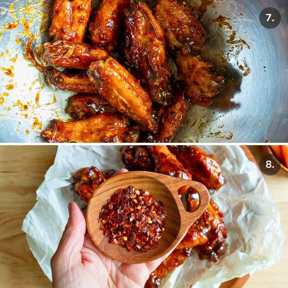 Chicken wings getting tossed with sauce and garnished with dried red pepper chili flakes. 