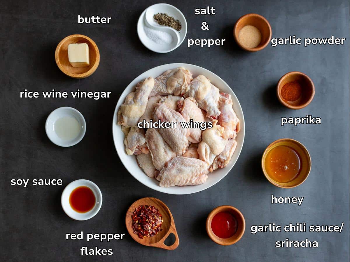 Ingredients to make baked chicken wings with an Asian sticky hot honey sauce.