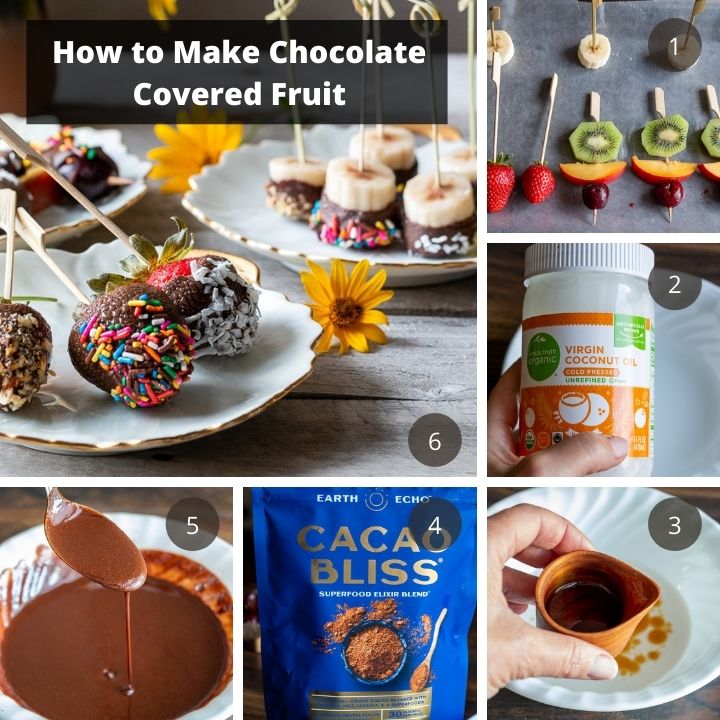 Step by step process on how to make chocolate covered frozen fruit.