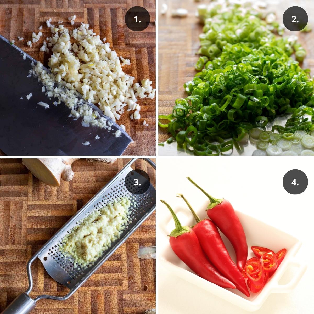 Garlic topping and garnishes chopped or grated.