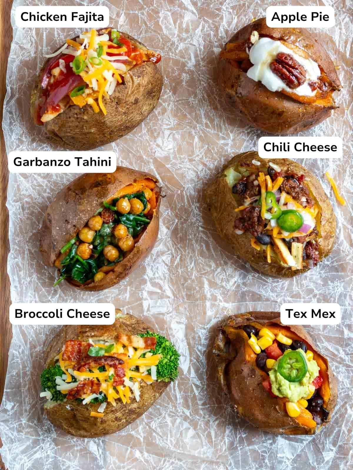 6 different loaded baked potatoes, chicken fajita, chili cheese, tex mex vegan, broccoli and cheese, garbanzo bean and tahini and for dessert apple pie sweet potato.