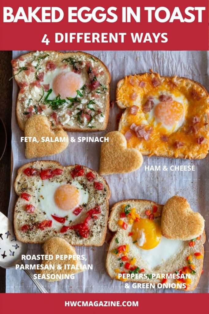 4 different baked eggs in toast with different toppings.