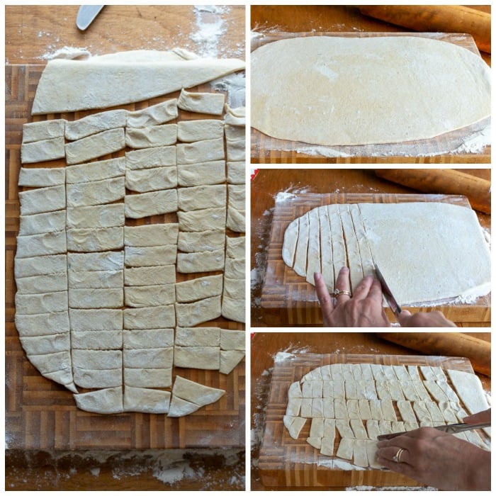 Showing how to cut the slider noodles into strips.