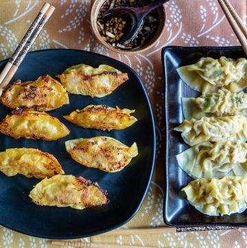 Plate of pan fried and boiled Chinese dumplings on black plates.