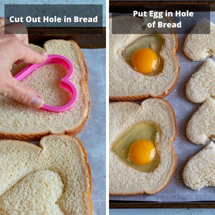 Cutting holes in bread and putting eggs in the bread. 