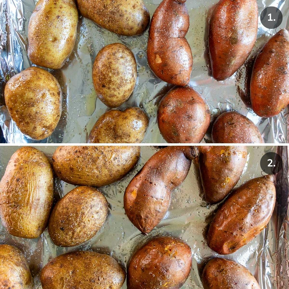 Idaho and sweet potatoes dressed with olive oil and salt on a baking tray before and after cooked. 