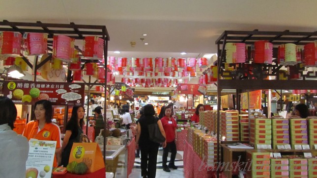 Busy B1 level of Hong Kong IFC's City Super Market with all the mooncakes in fancy boxes.