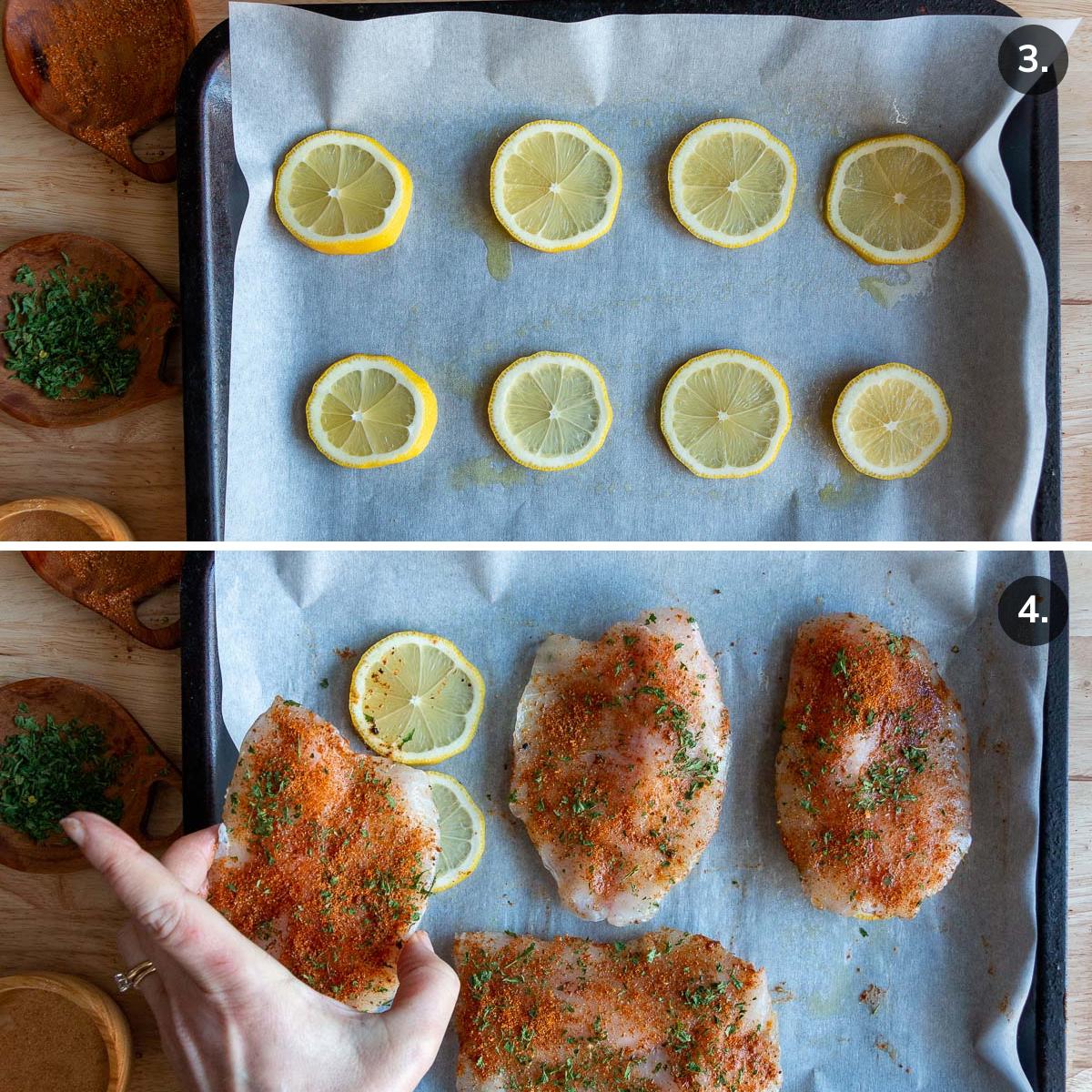 Lemon slices laid on air fryer tray and seasoned tilapia getting placed on top of the lemons.
