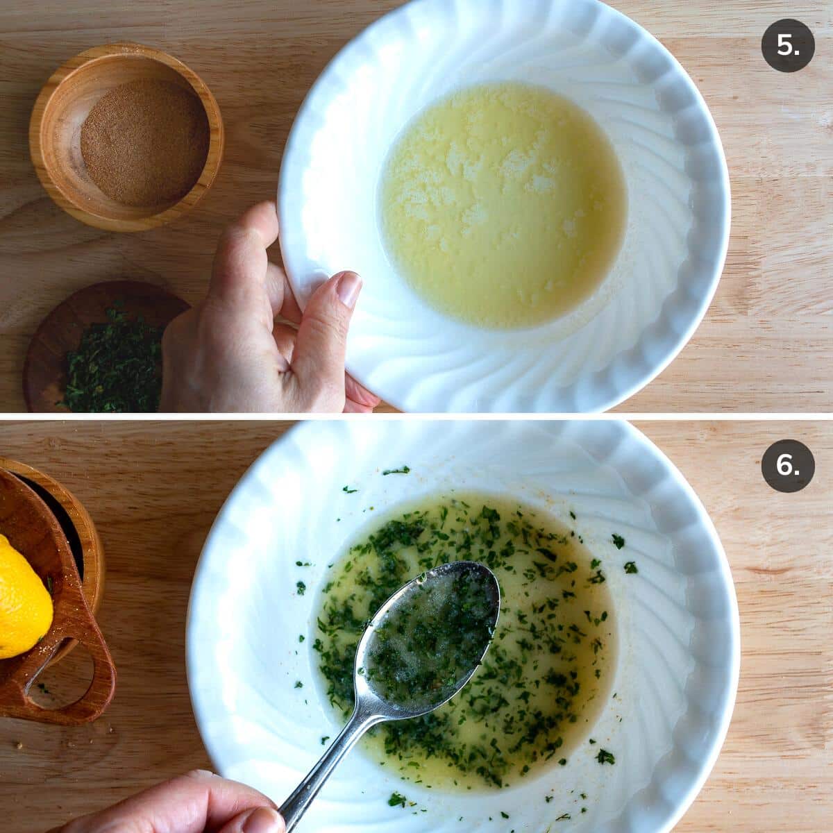 Lemon garlic butter sauce getting mixed in a white bowl.
