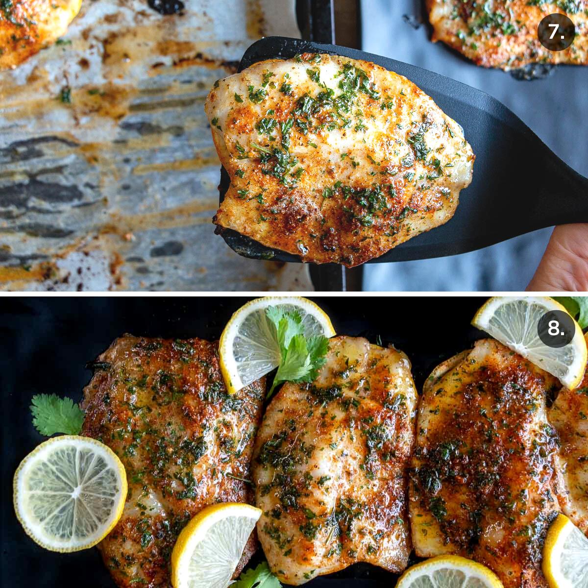 Air fried tilapia hot out of the air fryer and garnished with lemons.