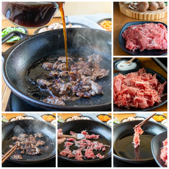 5 step process for browning meat with sugar and then adding sukiyaki broth to the iron pot. 