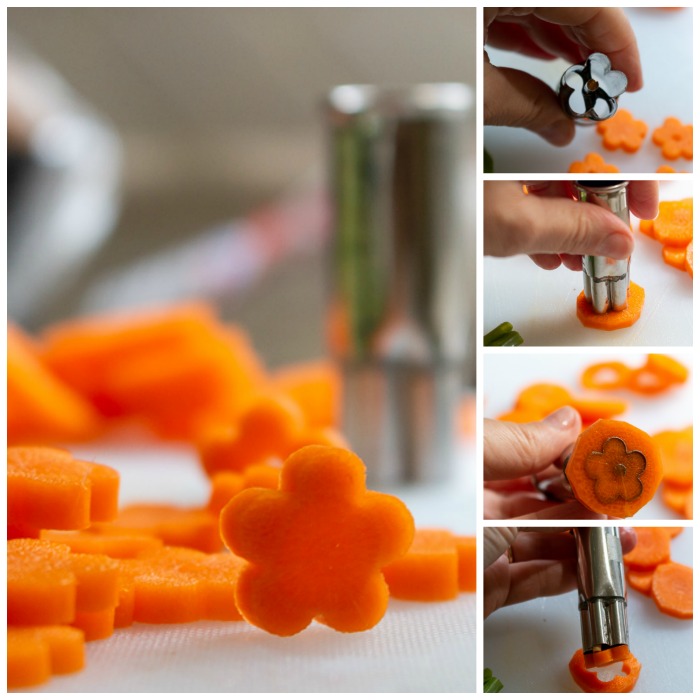 Using a food stamp to make carrot flowers.