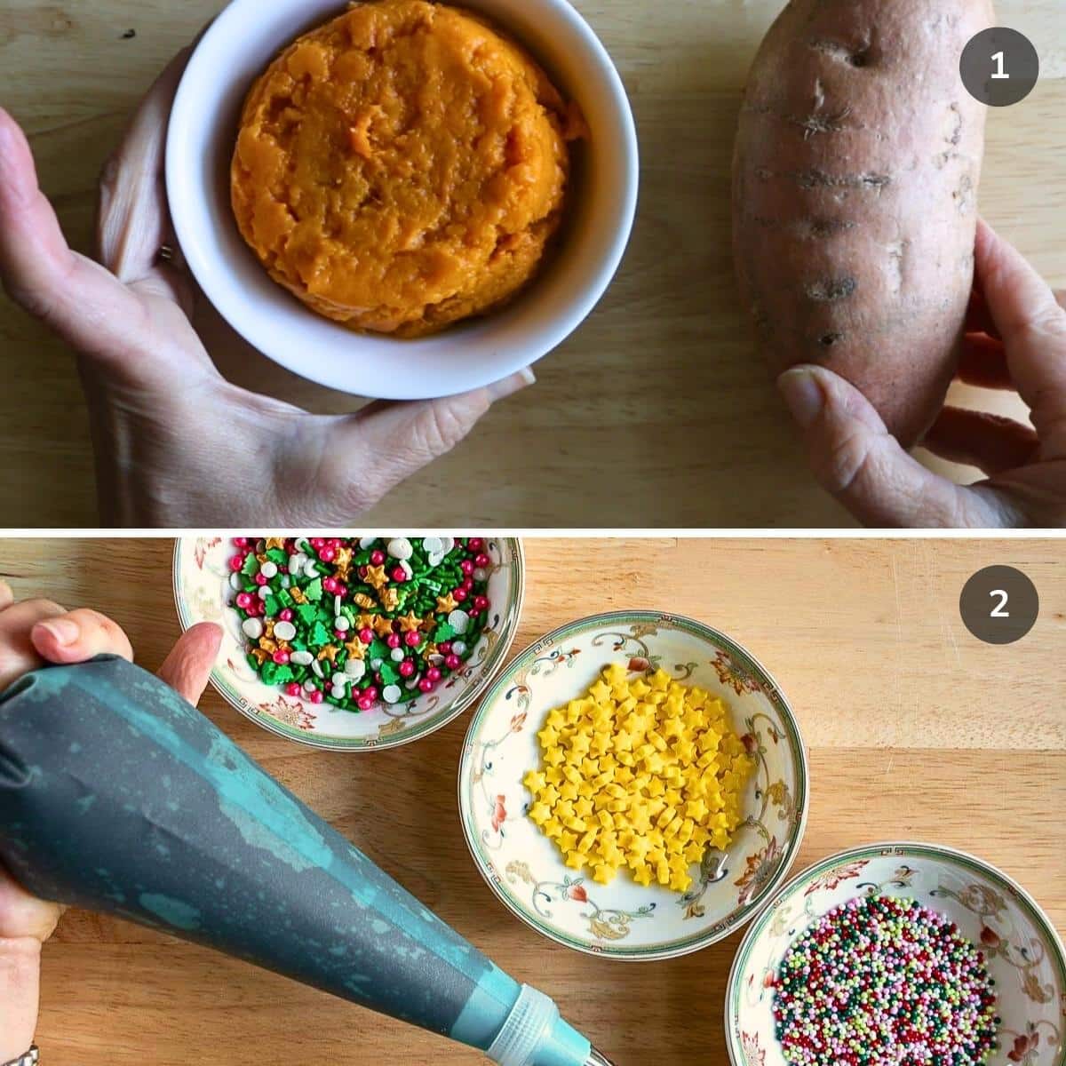Mashed sweet potato and chocolate sweet potato frosting in a piping bag. 
