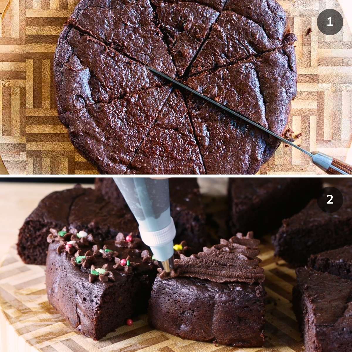 Cutting the brownie into 8 triangles and frosting with chocolate sweet potato frosting.