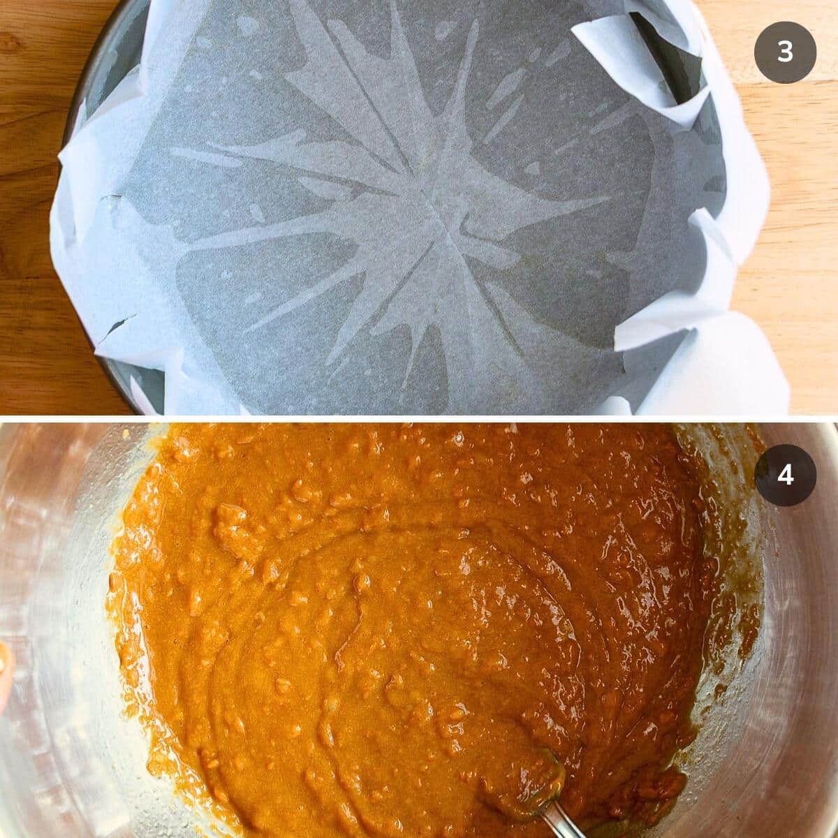 Lining 9 x 9 baking pan with parchment paper and stirring together the sweet potato with the wet ingredients. 