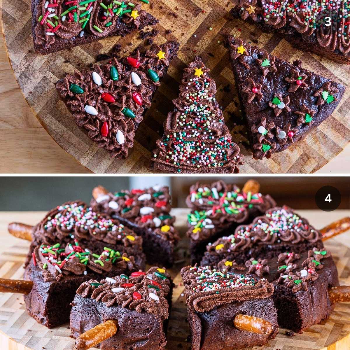 Sweet potato brownies decorated into x-mas trees with colorful sprinkles and gluten free pretzels for the tree trunk. 