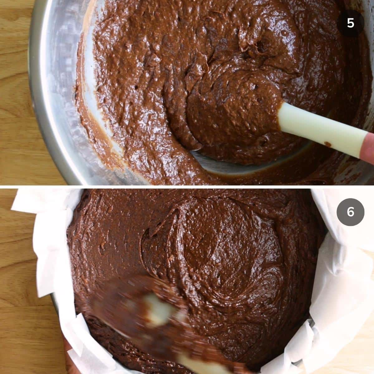 Adding dry ingredients into the brownie batter and pouring the batter into a lined baking pan.