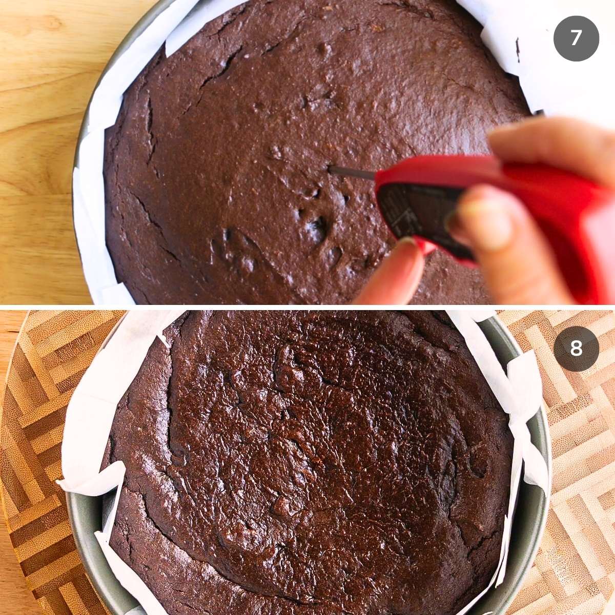 Checking the brownie temperature with a meat thermometer and resting in pan. 