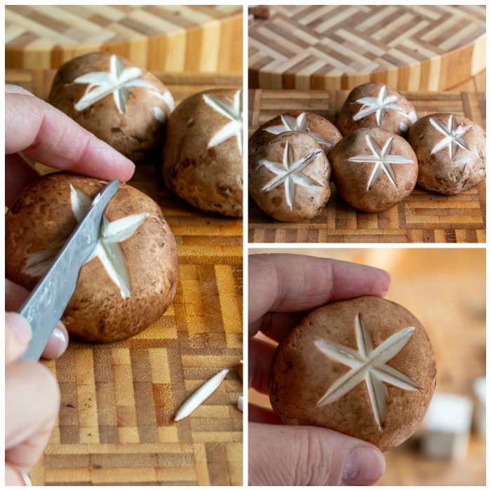 Demonstration on how to hold the knife at a 45 degree angle to carve the mushrooms to make a flower. 