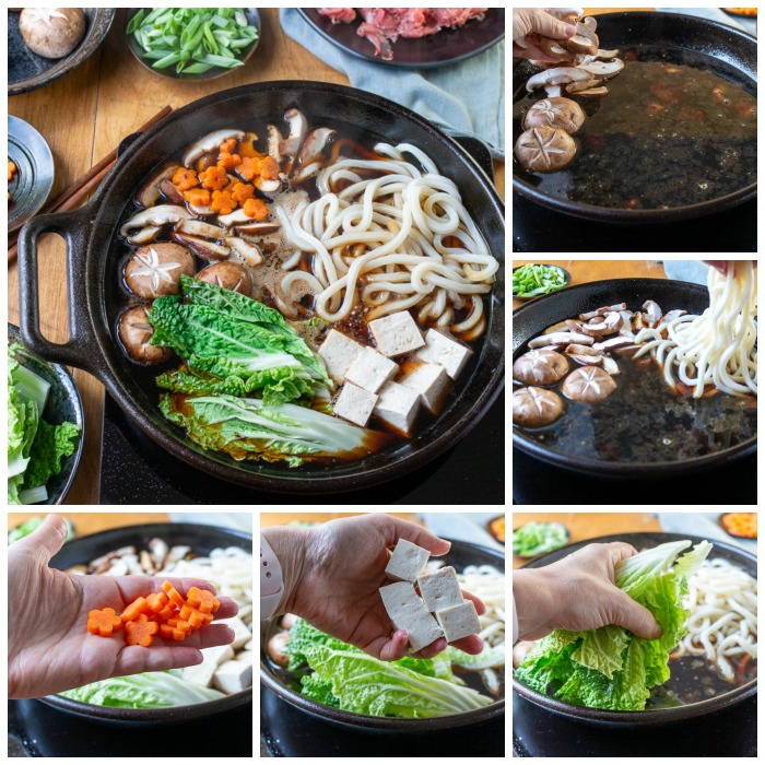 Step by Step adding all the ingredients into the sukiyaki pot. 