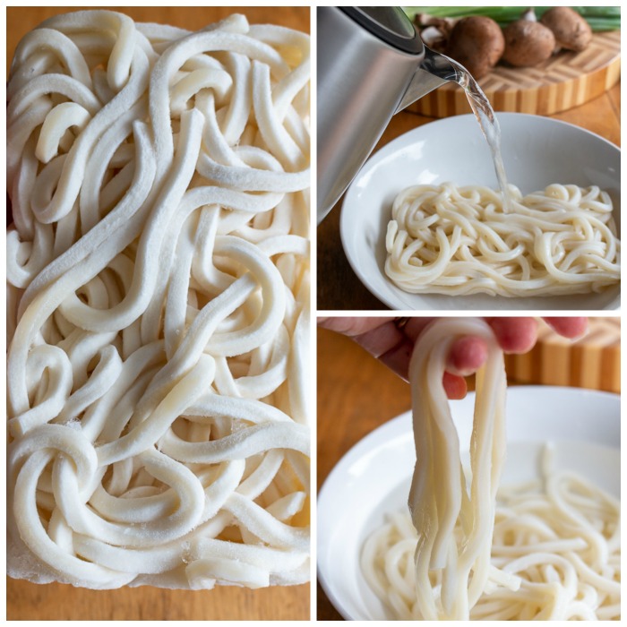Pouring boiling water over the frozen udon noodles.
