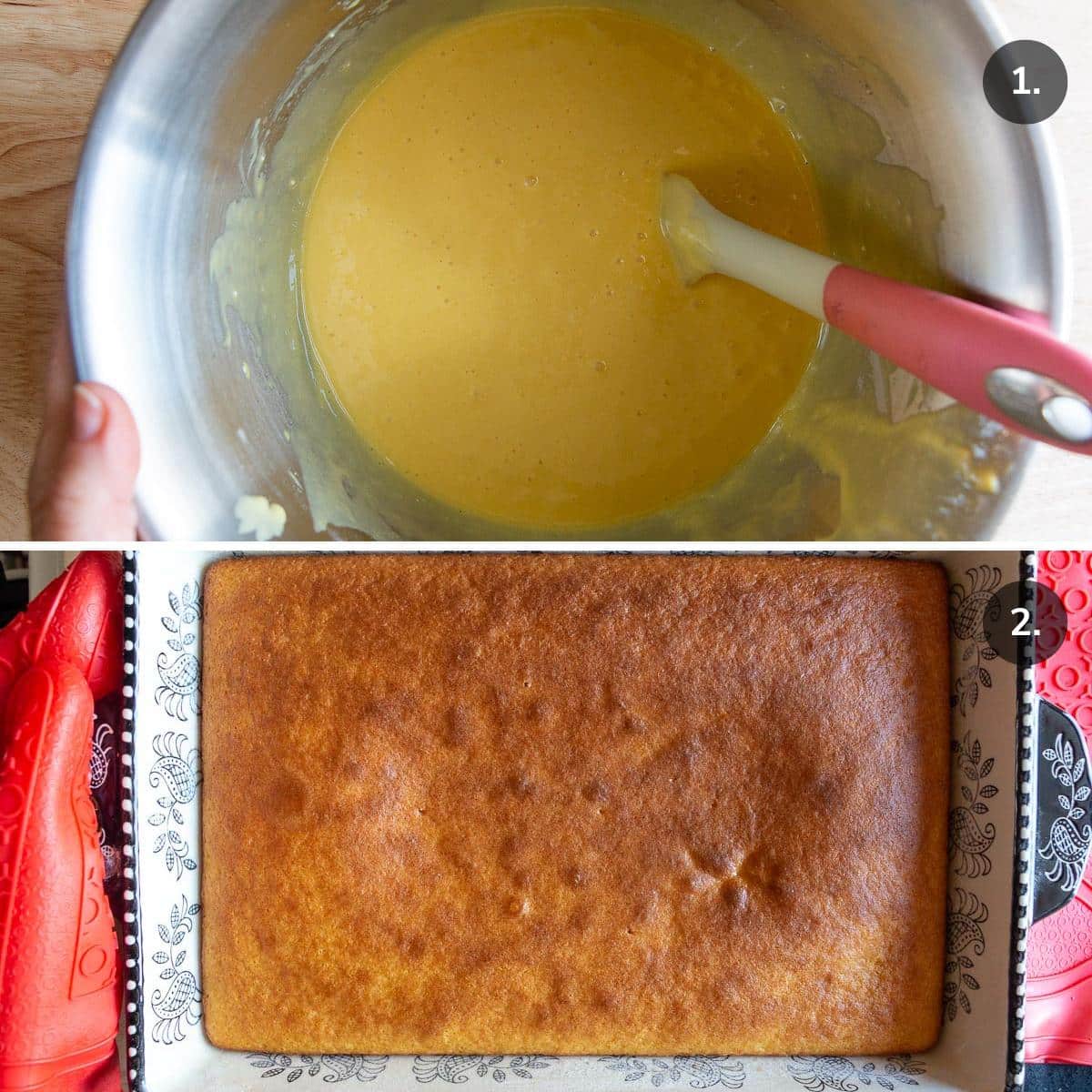 Mixing the prepared boxed cake mix and then the lemon cake baked in a 9 x 13 pan.