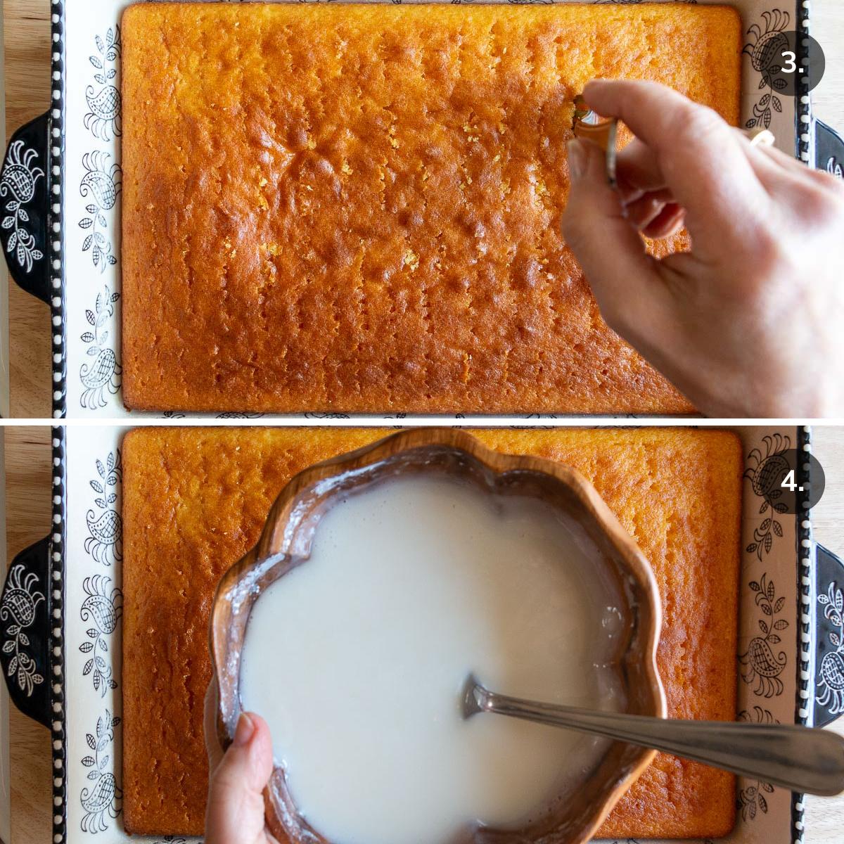 Poking holes with a fork in the lemon cake and a bowl of lemon glaze. 
