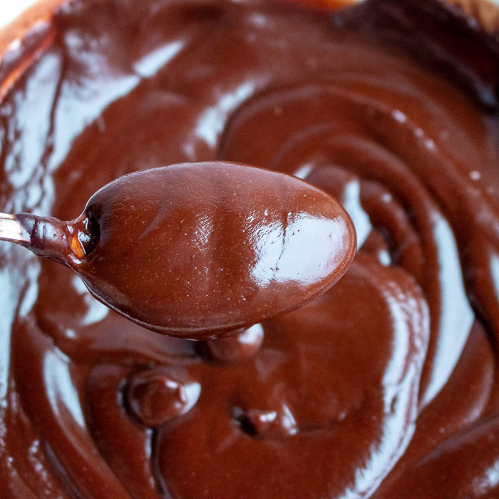 Delicious scoop of chocolate pudding on a spoon. 