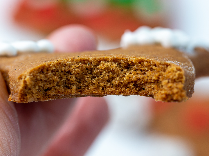 Bite shot into the soft chewy gingerbread cookie.