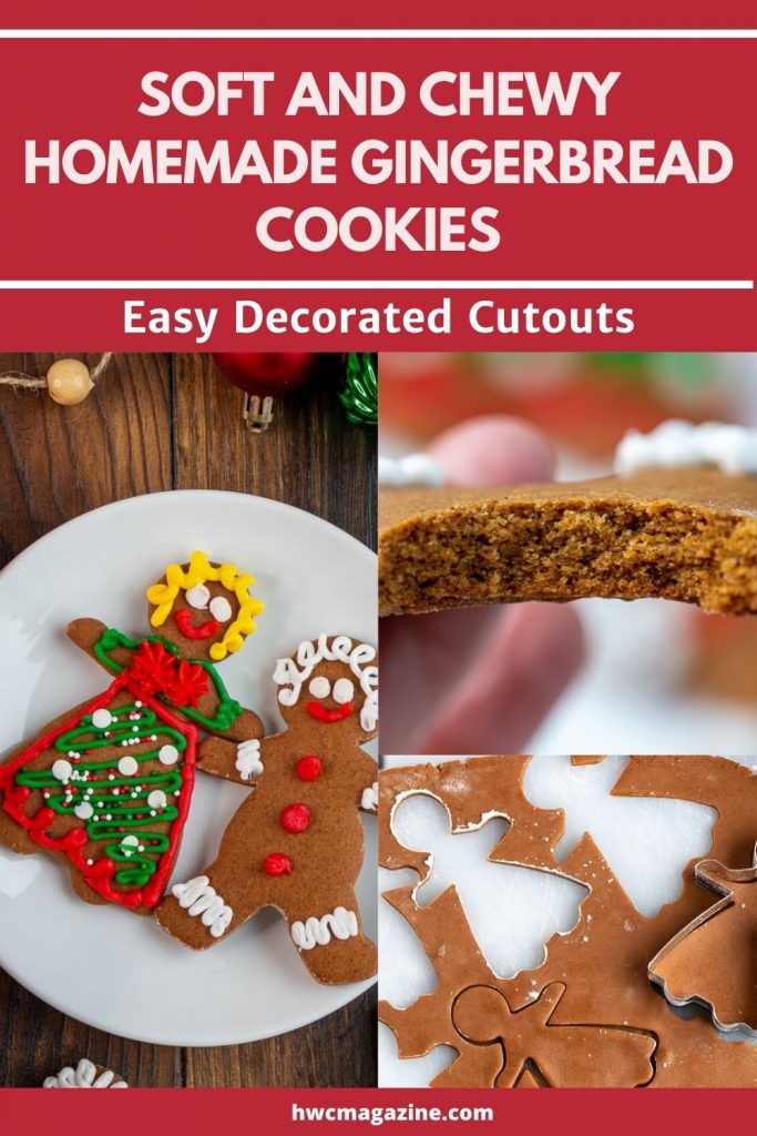 Easy decorated gingerbread cutout cookies and a bite shot.