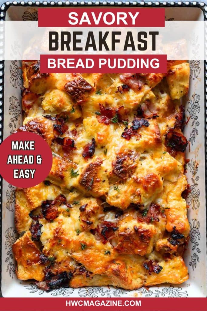 American-style ham and cheese savory breakfast bread pudding fresh out of the oven.