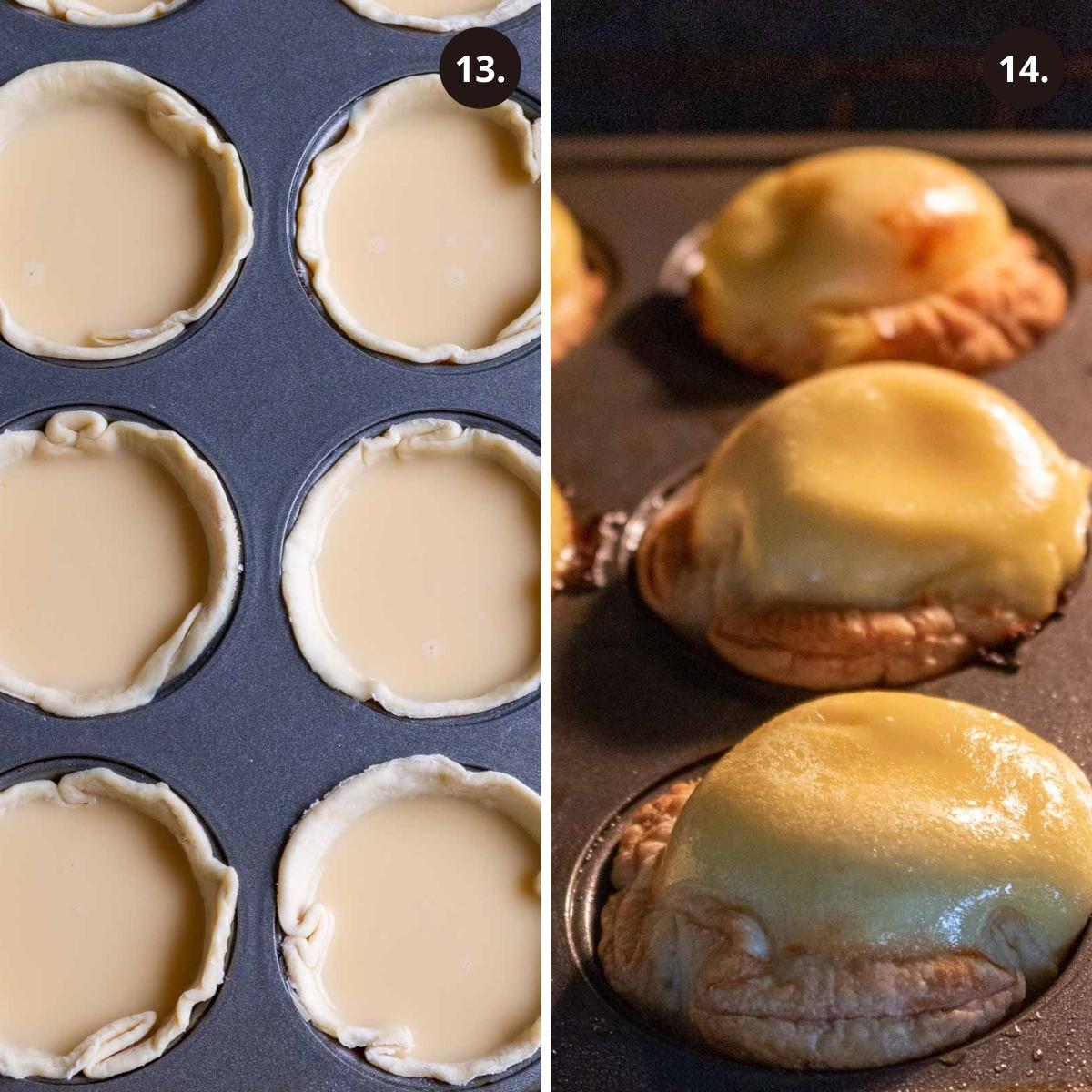 Egg custard poured into puff pastry dough shells and photo of egg tarts cooking in the oven.