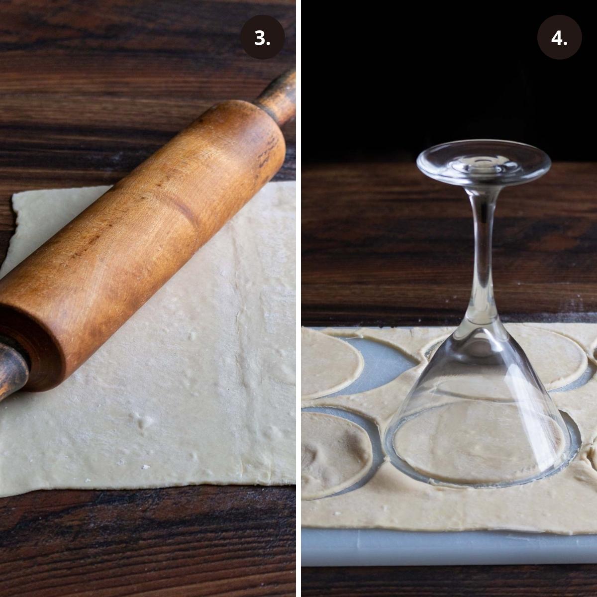 Rolling out puff pastry and making circles to fit tart pan.