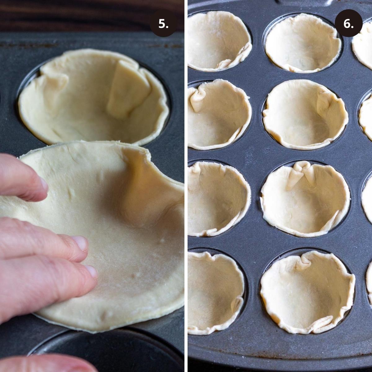 Placing round cut circle puff pasty in muffin tins.