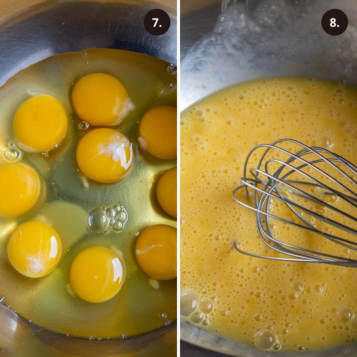 Whole eggs in a bowl and then beaten. 